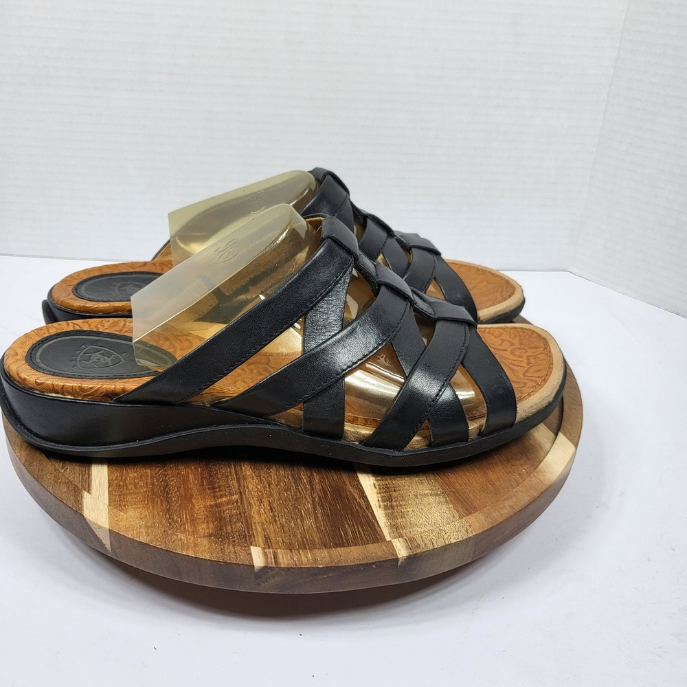 Ariat Haven Sandals Women 9.5 Black Leather Floral Slide 10003564 Excellent